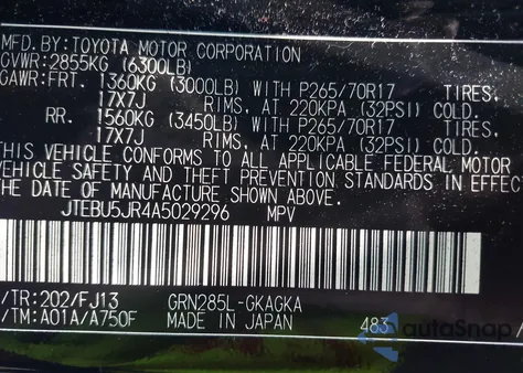 2010 Toyota 4Runner Sr5 V6 from USA, damaged, VIN JTEBU5JR4A5029296